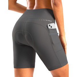 Women's 4D Padded Bike Shorts 7 Inch Cycling Bicycle Spinning Mountain Cycle Shorts for Women Zipper Pockets(Dark Grey,L)