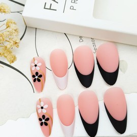 Oval French Nails Tips Press On Nails Medium Almond Fake Nails with Black White Flowers Design Nude Glue on Nails Glod Stripe Matte Stick on Nails Small Florets Acrylic False Nails for Women Girls