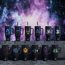 【Meoky】 40oz Zodiac Signs Straw Handle Cup, Leak-proof Cup Lid, Silicone Handle, Non-slip Noise Reduction Pad At The Bottom, Stainless Steel Thermos Cup, Wide Mouth and Narrow Bottom, Easy To Clean and Use in The Car, Suitable for Home, Office, Outdoor -