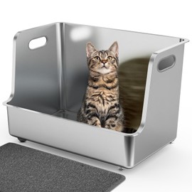 One-Piece Stainless Steel Litter Box, 14.5" High-Side XL Metal Cat Litter Box, Extra Wide Entry Pet Toilet, Cat Litter Station with Wheels, Easy to Move, Non-Stick, No Odor, for Big or Multiple Cats