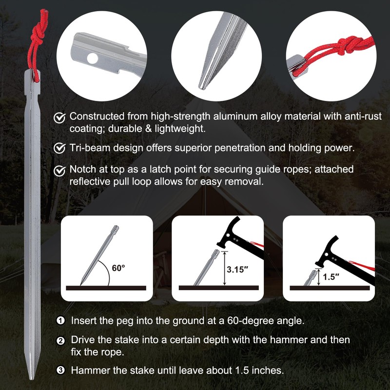 Eurmax USA Hiking Camping Tent Stakes and Hammer Set Lightweight