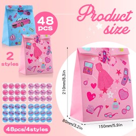 Kosiz 48 Pcs Pink Girl Party Favor Bags Bulk Paper Goodie Bags with Sealing Stickers Pink and Blue Party Gift Supplies for Candy Treat Snacks Princess Birthday Decorations, 8.3 x 6 Inches