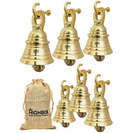 HIGHBIX Solid Brass Jingle Bells Set of 6 Hanging Harmony Festive Décor Handmade Brass Bells with Hooks