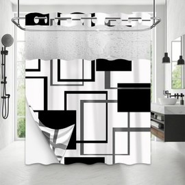 Black and White Hookless Shower Curtain with Snap in Liner, Black and Grey White Geometric No Hook Double Layer Shower Curtain and Liner Set for Mens, Waterproof Cloth Fabric, 71" W X 74" L