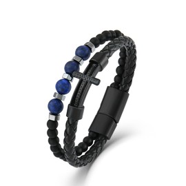 FYNSBLE Black Cross Bracelet for Men, Lapis Lazuli Beaded Leather Bracelet Jewelry Gift for Men Father