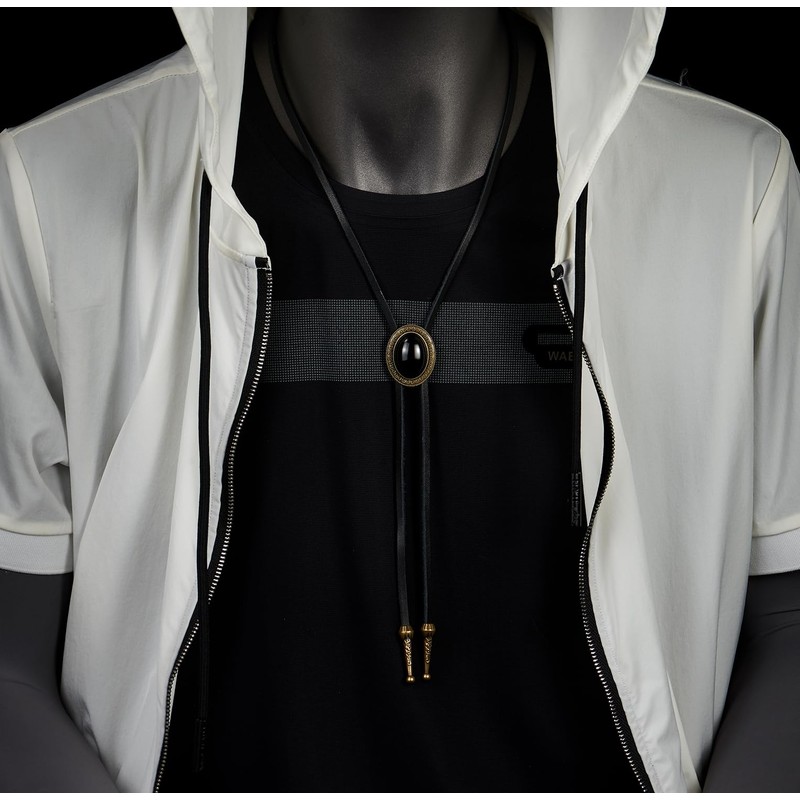 COOLSTEELANDBEYOND Oval Bronze Frame Black Onyx Charm Bolo Tie, Lariat