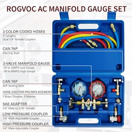 CALPOSE Juego de Manómetros de CA de 3 Vías, para Refrigerantes R134a R410a R12 R22 R502, con Mangueras de 1.5 m, Adaptador R410a, Punción y Tapa de Sellado