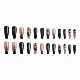 MISUD Press on Nails Long Coffin Fake Nails Glossy Glue on Nails Goth Black Acrylic Nail Supplies Ballerina Artificial Nail Art Gothic Rose Flower Stick on False Nails with Design DIY 24 pcs
