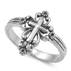Sterling Silver Plated Victorian Style Open Cross Ring (White Gold Plated, 9)