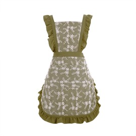 Pinknoke Vintage Pinafore Apron Dress for Women with Pockets Cute Floral Chef Aprons for Kitchen Cooking Baking Gardening (Army Green)