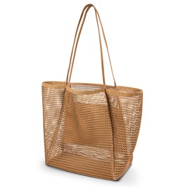 benpen Large Beach Bag Women's XL Family, Beach Bags for Women, Mesh Bag Beach with Zip Inner Pocket, Foldable Lightweight Mesh Beach Bag Basket, Swimming Bag, Small, Shopper for Women, brown,