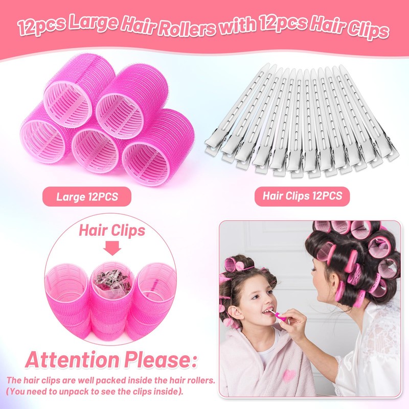 Big Self-Grip Hair Rollers with Stainless Steel Duckbill Clips for