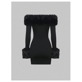 SOLY HUX Women's Bodycon Mini Dress Off The Shoulder Contrast Faux Fur Long Sleeve Dresses Pure Black Medium