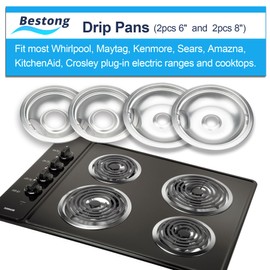 Premium Drip Pan Electric Stove Burner Covers for Whirlpool, Maytag, Kenmore - Replacement for W10278125, W10196405 & W10196406-4 Pack (2x6" and 2x8")