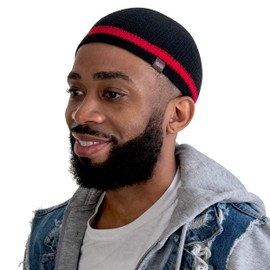 SnugZero Skull Cap for Men - Handmade Knit in Breathable Cooling Bamboo Cotton - Helmet Liner Sleep Kufi Hat, Black with Red Stripe