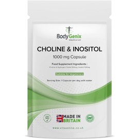 Bodygenix Choline & Inositol Capsules - 1000mg Healthy Skin Brain Health & Metabolic Support Food Supplement - Natural Vegan Friendly 30 Capsules, 1 Month Supply
