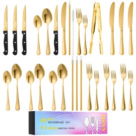 Gold Silverware Set with Straws, 30-Piece Gold Flatware Cutlery Utensils Set with Food Tong for 4, Stainless Steel Tableware, Mirror Polished Spoons,knives and Forks Set