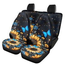 LACIYISON Blue Butterfly Sunflower Pattern Waterproof Car Seat Covers Full Set Auto Split Bench Rear Seat Automotive Seat Covers Universal Car Interior for SUV, Sedan