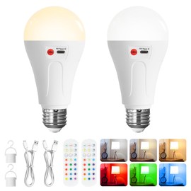 Weaboopre 2 Packs Cordless Magic Rechargeable Battery Operated Light Bulbs with Remote，350LM E26 Dimmable A21 Battery Powered LED Emergency Light Bulb for Lamp, 3 Color Temperatures + 9 RGB Colors