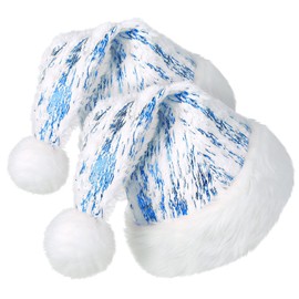 Phyxin Bronzing Santa Hat White Plush, 2 Pack Christmas Hat for Adult Xmas Home Decor New Year's Party Supplies, Blue