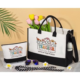 Best Teacher Appreciation Gifts for Women, End of Year Teacher Gifts from Student, Retirement Birthday Thank You Gifts Set for Teachers w/ Canvas Tote Bag & Makeup Bag Funny Daycare Teacher Gifts