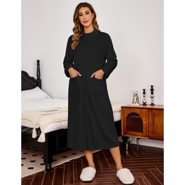 Ekouaer Women Zipper Robe Long Sleeves Bathrobe Winter Sleepwear Warm Soft Housecoat with Pockets Zip Up House Robes