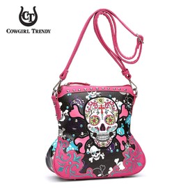 Sugar Skull Day of the Dead Cross Bone Rock Metallic Purse Skeleton Leather Purse Women Crossbody Handbag Shoulder Bag (Fuchsia)