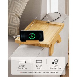 Couch Arm Table, Sofa Arm Tray with Type C Port & USB Port and 360° Rotating Phone Holder, Anti-Slip Couch Cup Holder Tray Clip on Sofa Table Armrest for Snacks, Drinks, Remote