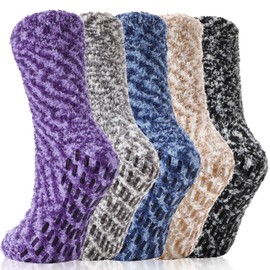 Anlisim Non Slip Fuzzy Grip Socks for Women Hospital Slipper With Grippers Warm Cozy Thick Fluffy Winter Comfy Anti Skid Women Socks Gifts Stocking Stuffers(Assorted B,(5 Pairs))