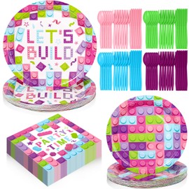 Gejoy 96 Pcs Building Block Birthday Party Supplies, Include 7 Inch 9 Inch Brick Party Plates and Napkins Disposable Plastic Spoons Forks Knives for Girls Birthday Decorations Serves 24 (Sweet Color)