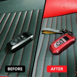 RERPRO Fit for Ford Key Fob Cover Keychain Compatible with 2021 2022 2023 2024 2025 Ford Bronco Bronco Sport F150 Key Chain Case Key Holder Aluminum Shell with Leather Lanyard Accessories 1 Pack Red