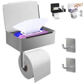 GALASALA Porta Rollos Papel de Baño de Acero Inoxidable SUS304, Soporte con Recipiente de Almacenamiento y Dos Ganchos DIY Adicionales, sin Necesidad de Taladro, Fácil Instalación - Plata
