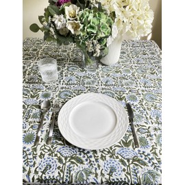 ATOSII Clover Blue 100% Cotton Round Boho Fall Tablecloth, Handblock Floral Table Cloth Linen for Kitchen Dining I Parties Wedding Outdoors Christmas Thanksgiving I 90" Inches Round I 6 Seater