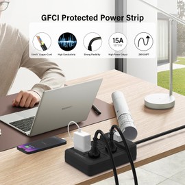 MATCHEASY GFCI Power Strip with 4 Outlets, 6.56 FT Heavy Duty Extension Cord(1875W/15A) with 30mA RCBO Circuit Breaker for Home/Factory Production Workshop/Garage/Indoor - Black