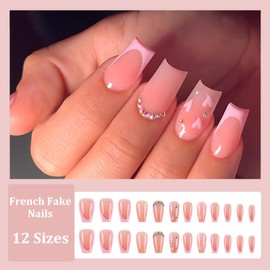 Ceboic Pack of 24 Square Nails for Gluing, Medium Length, French Pink Heart Press On Nails, Acrylic Artificial Nails, Square Full Cover Artificial Nails, Fake Nails for Women and Girls