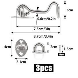 Gate Hook and Eye Latch - 3 Pack 75mm/3inch Door Latch Hook - Stainless Steel Cabin Hooks Solid Barn Door Hook and Eye Latch Swivel Window Hook for Garage Sliding Door Bedroom and Bathroom(Silver)