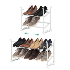 SunnyPoint Expandable & Stackable 2-Tier Shoe Rack – Adjustable Shoe Organizer for Entryway, Closet or Bedroom, Holds 4 to 8 Pairs, Space-Saving Metal Shoe Storage Shelf (17.5"–31.49" W) (WHT, 2 Tier)