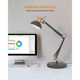 LEPOWER Metal Desk Lamp, Adjustable Goose Neck Architect Table Lamp with On/Off Switch, Swing Arm Desk Lamp with Clamp, Eye-Caring Reading Lamp for Bedroom, Study Room &Office (Sandy Black)