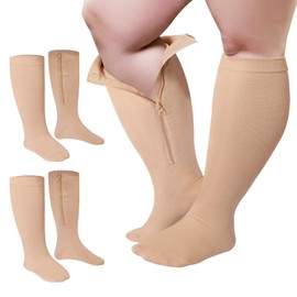 Hillban 2 Pair Wide Plus Size Calf Compression Socks with Zipper for Overweight Women Men 15 to 25 MmHg (Beige,2X-Large)