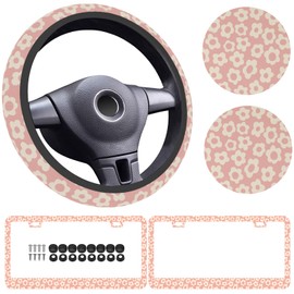5 Pack, Flowers Vintage Groovy Steering Wheel Cover Universal 15 Inch, Vintage Groovy Flowers License Plate Frames 2 Holes with Screw Caps, Car Cup Coasters 2.75" Car Accessories for Women (02)
