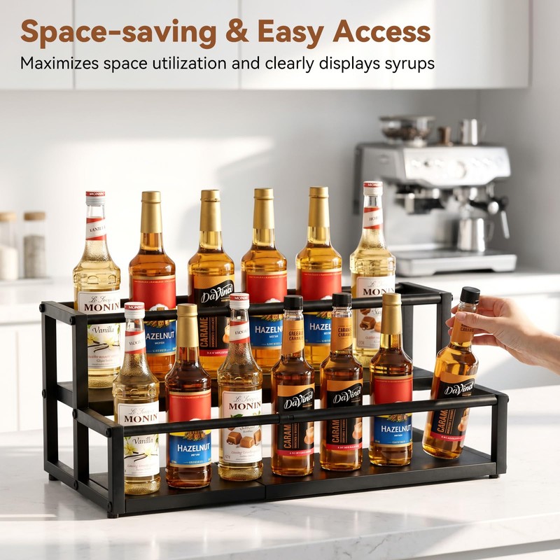 Nuovoware Expandable Coffee Syrup Organizer, 2-Tier Syrup Rack, Black
