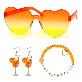 3 Stück Aperol Geschenke Frau, 1 Armband,1 par Weinglas Ohrringe und 1 Herz Brille Orange,Aperol Kostüm Damen Accessoires, Aperol Geschenk für Fasching Karneval Cosplay Kostüme Accessoires