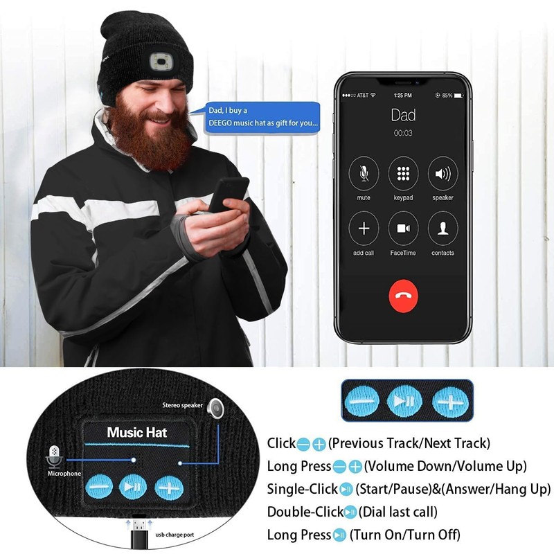 ATNKE LED Lighted Bluetooth Beanie Hat,USB Rechargeable 4 LED Wireless