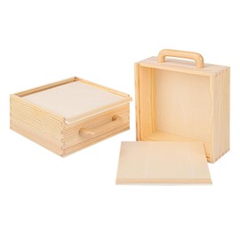 Geytetqi 2 PCS Wood Boxes for Crafts, 8.86 x 8.86 x 3.35 Inch Wooden Box with Sliding Lid, Unfinished Wood Box with Handle for Party, DIY, Birthday
