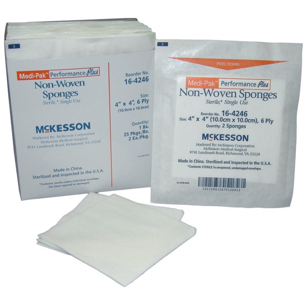 McKesson 16-4246 Medi-Pak Performance Plus Non-Woven Sponge, Sterile, 6-Ply, 4" Width, 4" Length, 4" Width, 4" Length (Pack of 600)