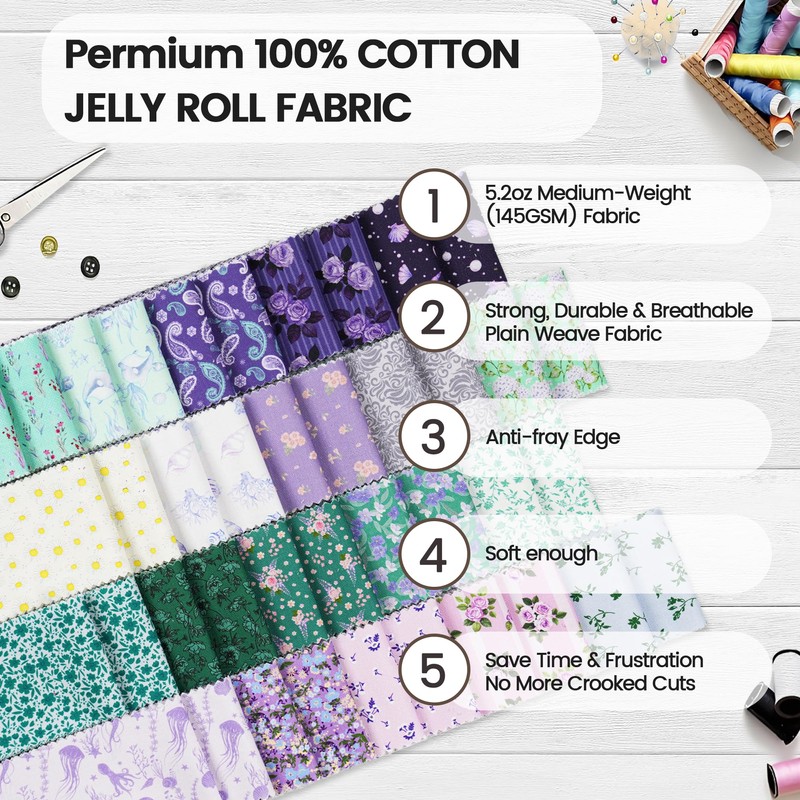 Craftido-18 Options-100% Cotton Jelly Roll Fabric Precut Strips for Quilting,