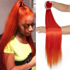 34 Inch Synthetic Yaki Straight Hair 6 Bundles with 1 Hand-Tied Closure 325G Heat Resistant Fiber Hair Extensions T-RED/ORANGE#