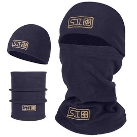 Versatile Outdoor Polar Fleece Hat & Neck Gaiter Set Warm Windproof Face Mask Men's Winter Balaclava Hood & Beanie Hat for Cycling, Skiing, Running - Color: Navy