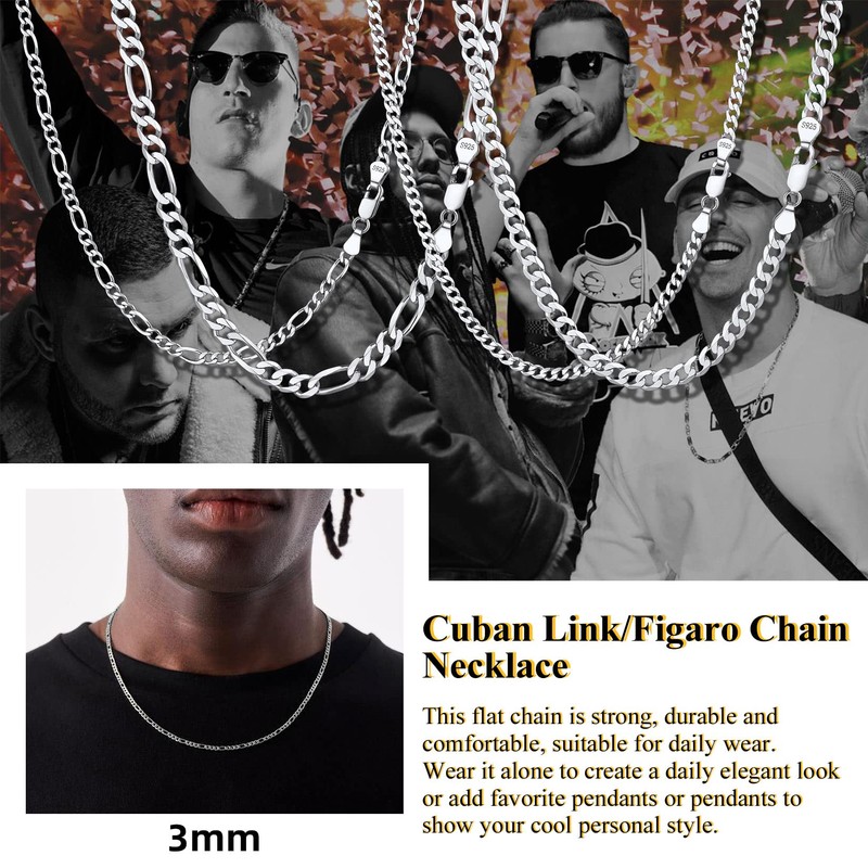 Suplight Sterling Silver Chain Mens Cuban Link Solid 5mm Chains