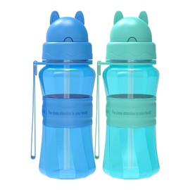Sigdio Children's Drinking Bottle with Straw, Set of 2 from 1 Year, BPA-Free, Children's Water Bottle, Leak-Proof Sports Drinking Bottles with Carry Strap for School and Nursery (Blue/Light Blue)